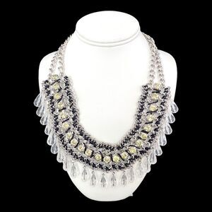 New Statement Briolette Crystal Necklace Black Thread Silver Tone - 8D
